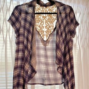 Plaid Short Sleeve Cardigan with Lace Detailing